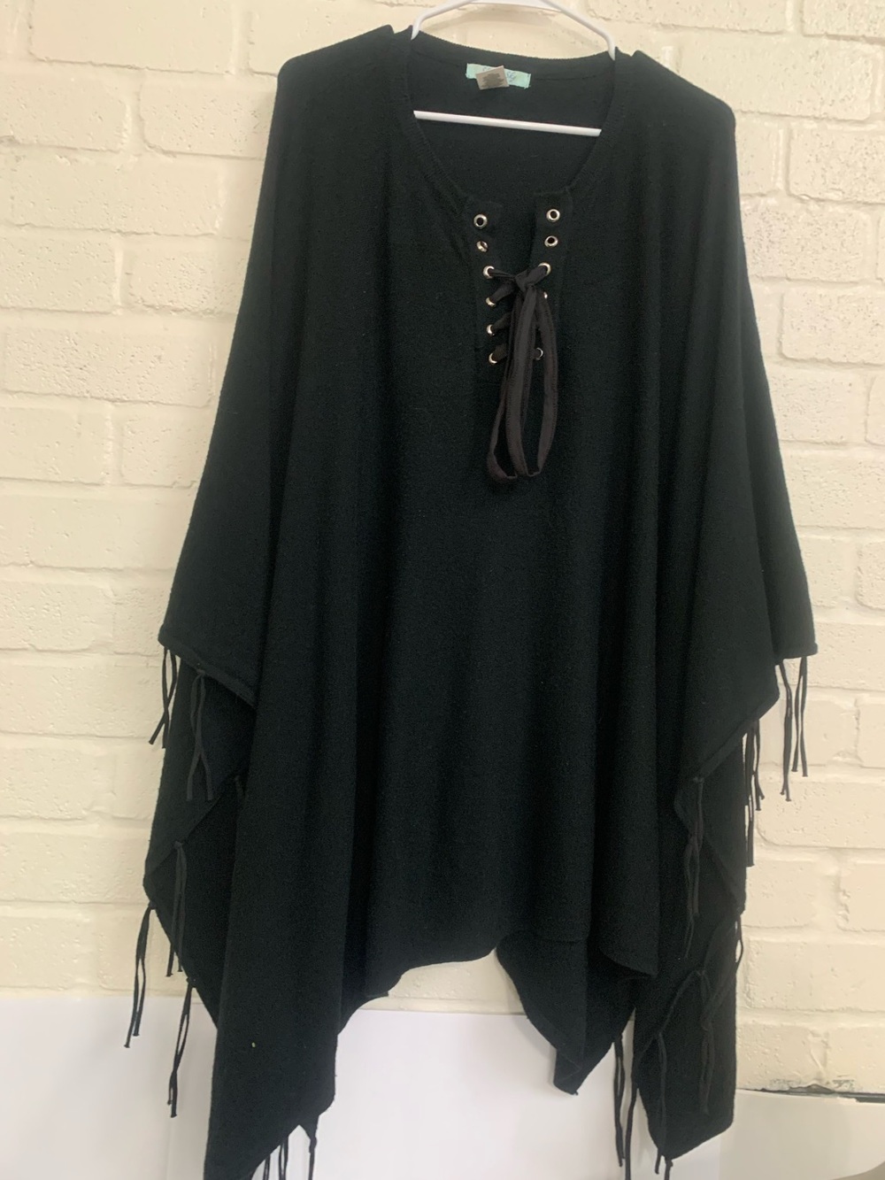 Black Lace-Up Fringe Poncho